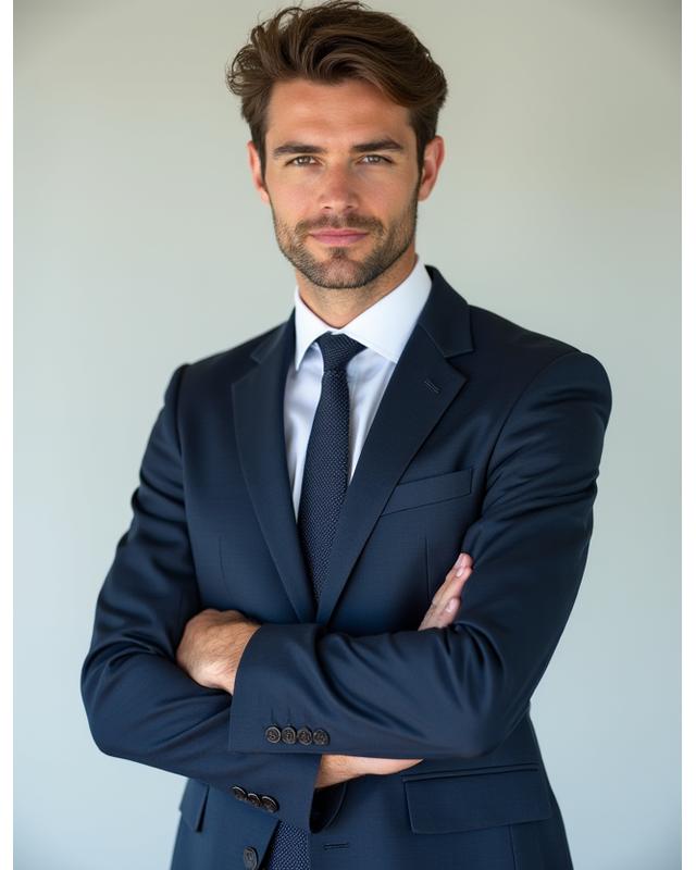 Modell trägt modernen Business-Anzug von AlpenVibe