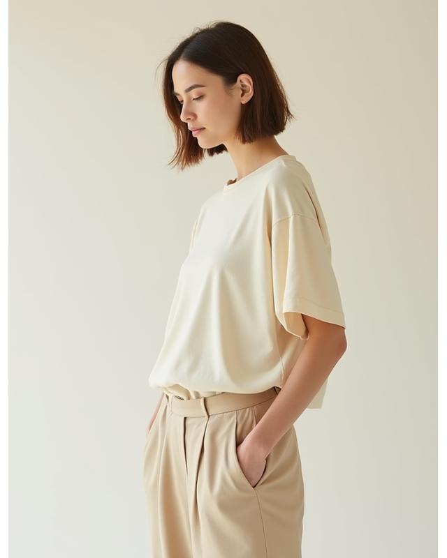 Modell trägt minimalistisches Oberteil und Hose von AlpenVibe