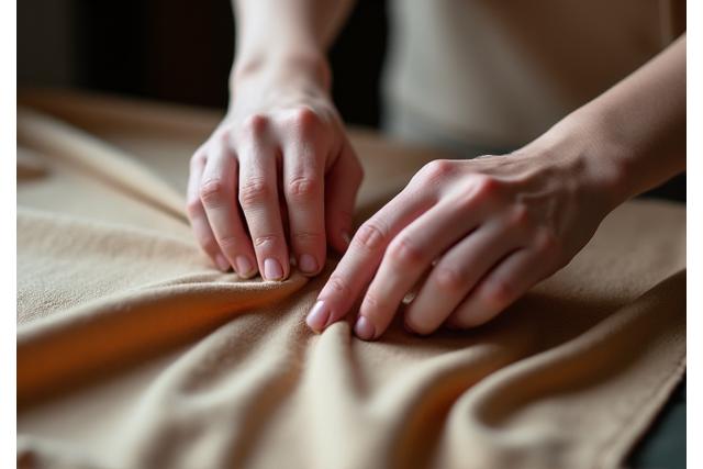 Detailaufnahme einer Hand, die exquisite Stoffe für Maßanfertigung drapiert