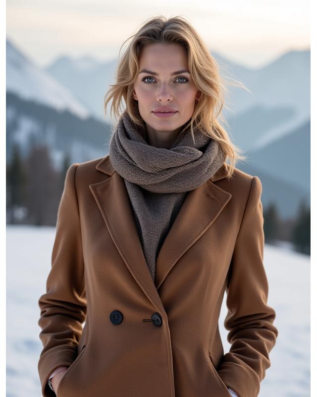 Modische Dame in AlpenVibe Mantel und Schal, Alpenkulisse