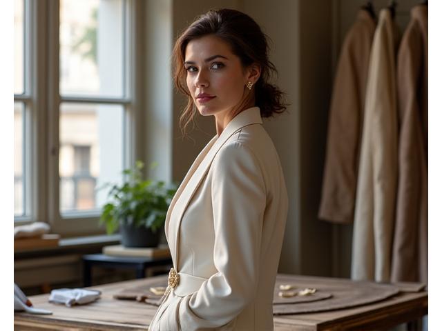 Gründerin Lena Steiner in ihrem traditionellen Wiener Atelier, umgeben von Stoffmustern